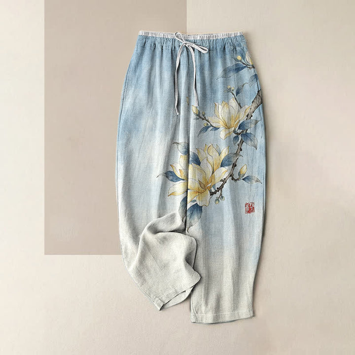 Buddha Stones Pantalon pour femme en pur coton, motif magnolia, taille élastique et poches - Bleu ciel clair - US16，UK/AU20，EU48 (3XL) - image 4