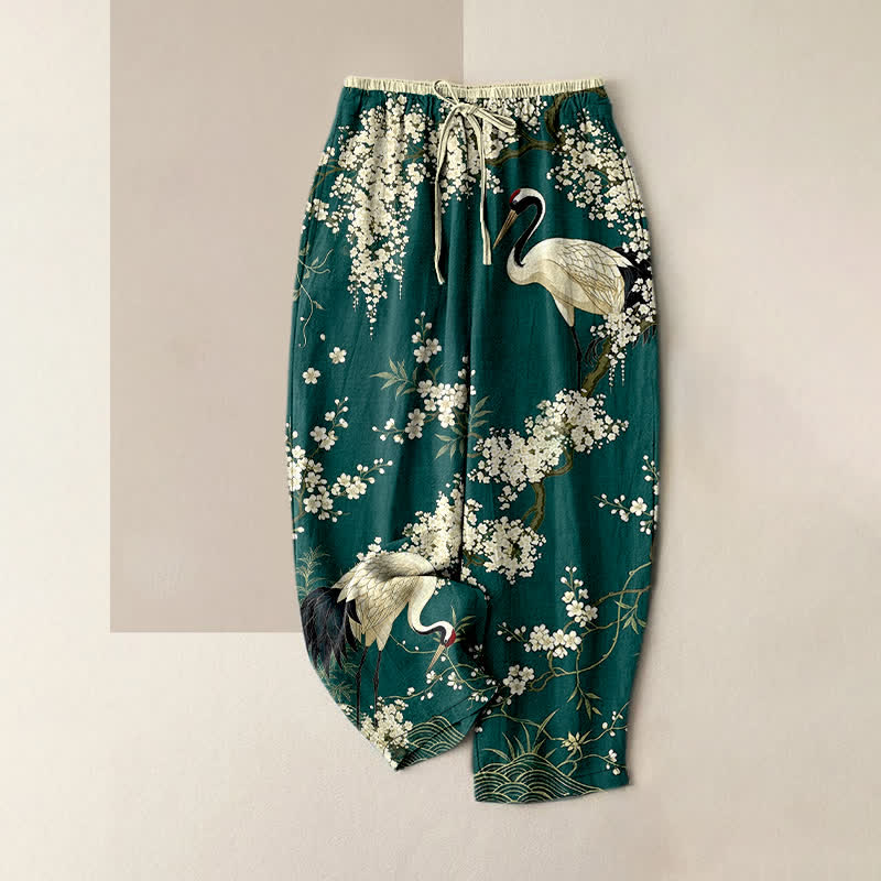 Buddha Stones Pantalon pour femme en pur coton, motif floral de grues orientales, taille élastique et poches - Sarcelle - US16，UK/AU20，EU48 (3XL) - image 0