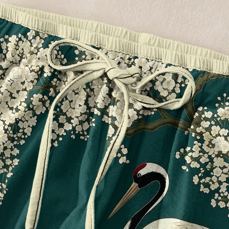 Buddha Stones Pantalon pour femme en pur coton, motif floral de grues orientales, taille élastique et poches - image 1