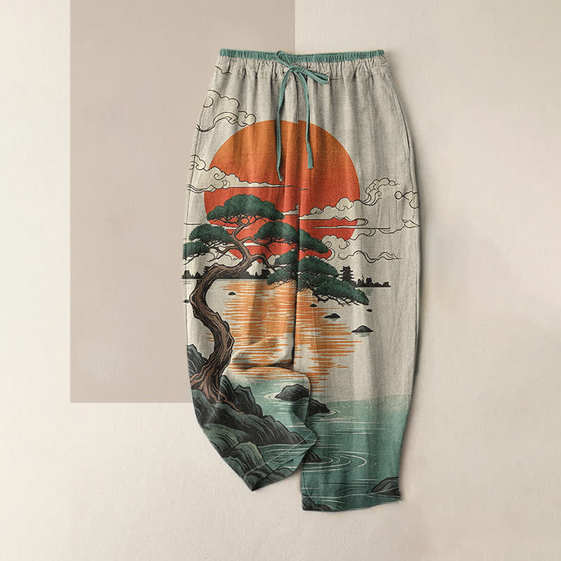 Buddha Stones Pantalon pour femme en pur coton, motif coucher de soleil et pin, taille élastique et poches - Aigue-marine moyenne - US16，UK/AU20，EU48 (3XL) - image 0