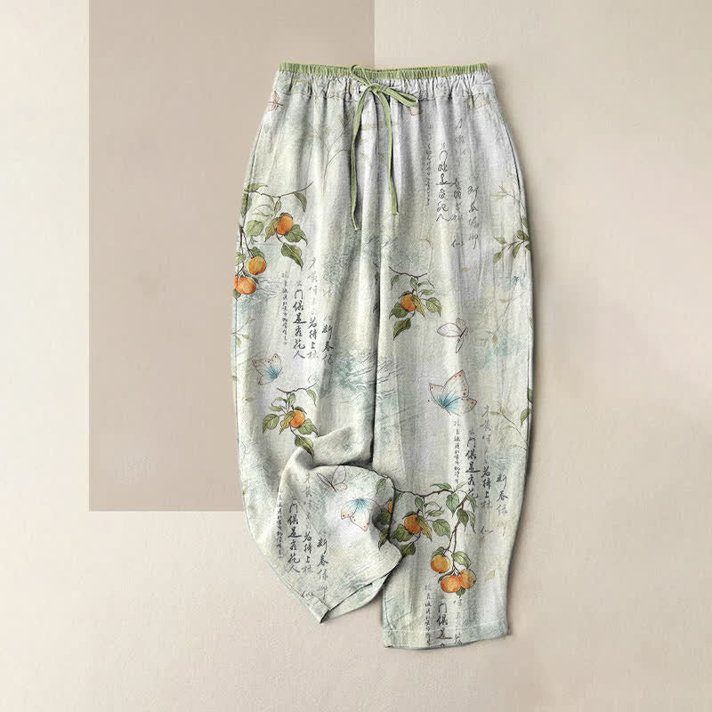 Buddha Stones Pantalon pour femme en pur coton, motif papillon et agrumes orientaux, taille élastique et poches - Melon miellat - US16，UK/AU20，EU48 (3XL) - image 0