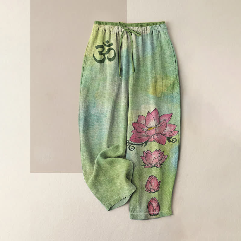 Buddha Stones Pantalon pour femme en pur coton, motif lotus Zen Om, taille élastique et poches - Vert clair - US16，UK/AU20，EU48 (3XL) - image 0
