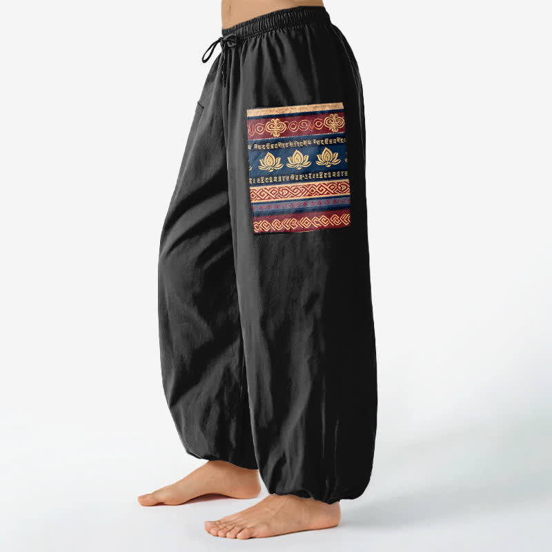 Buddha Stones Pantalon harem pour femme en coton à motif géométrique lotus bohème et taille élastique avec poches latérales - image 1