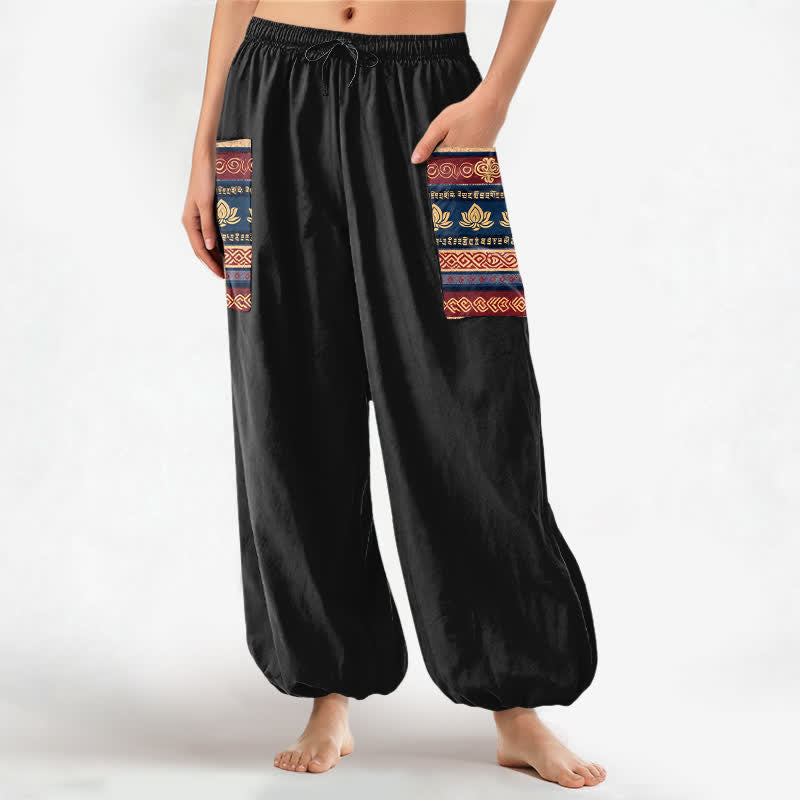 Buddha Stones Pantalon harem pour femme en coton à motif géométrique lotus bohème et taille élastique avec poches latérales - Noir - US16，UK/AU20，EU48 (3XL) - image 0