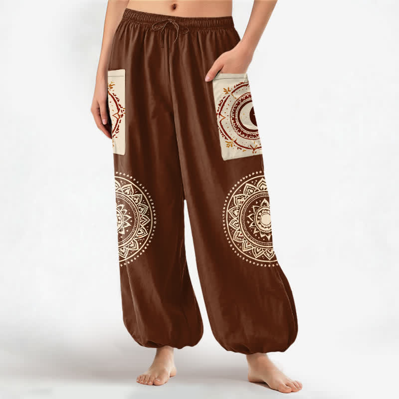 Buddha Stones Pantalon harem pour femme en coton, motif mandala phase de lune, style bohème, taille élastique et poches latérales - SaddleBrown - US16，UK/AU20，EU48 (3XL) - image 0