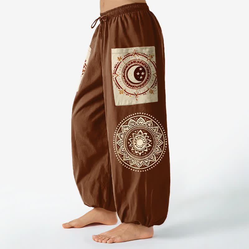 Buddha Stones Pantalon harem pour femme en coton, motif mandala phase de lune, style bohème, taille élastique et poches latérales - image 1