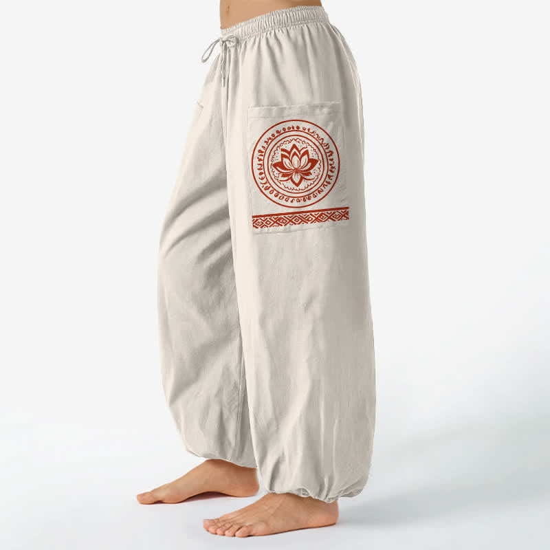 Buddha Stones Pantalon harem pour femme en coton à motif mandala de lotus et taille élastique avec poches latérales - Beige - US16，UK/AU20，EU48 (3XL) - image 0
