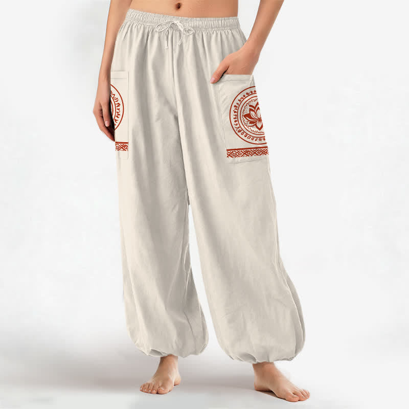 Buddha Stones Pantalon harem pour femme en coton à motif mandala de lotus et taille élastique avec poches latérales - image 1