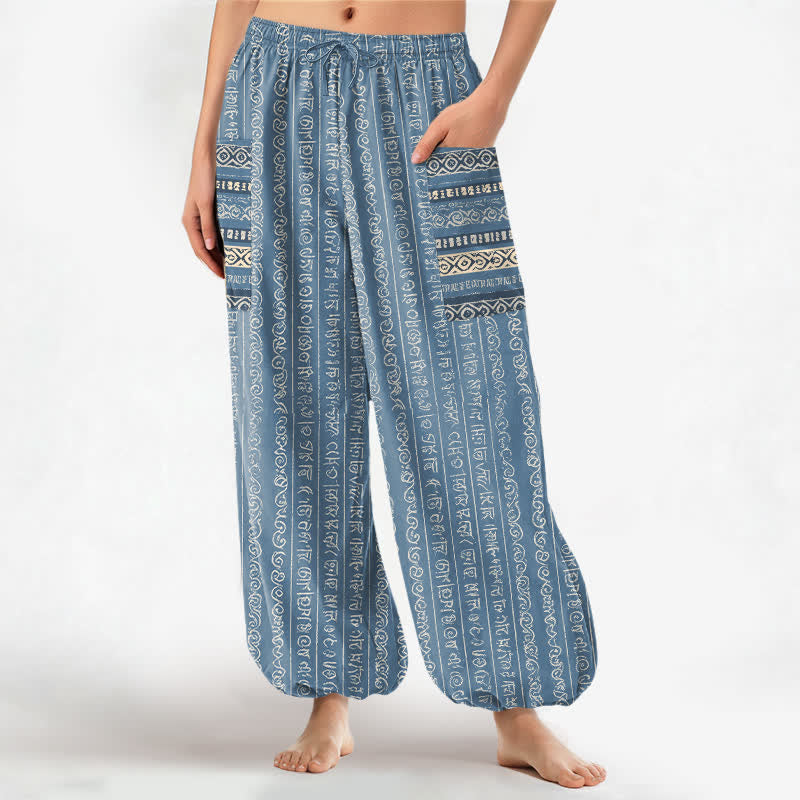 Buddha Stones Pantalon harem pour femme en coton à rayures géométriques ethniques, taille élastique et poches latérales - Bleu ciel - US16，UK/AU20，EU48 (3XL) - image 0