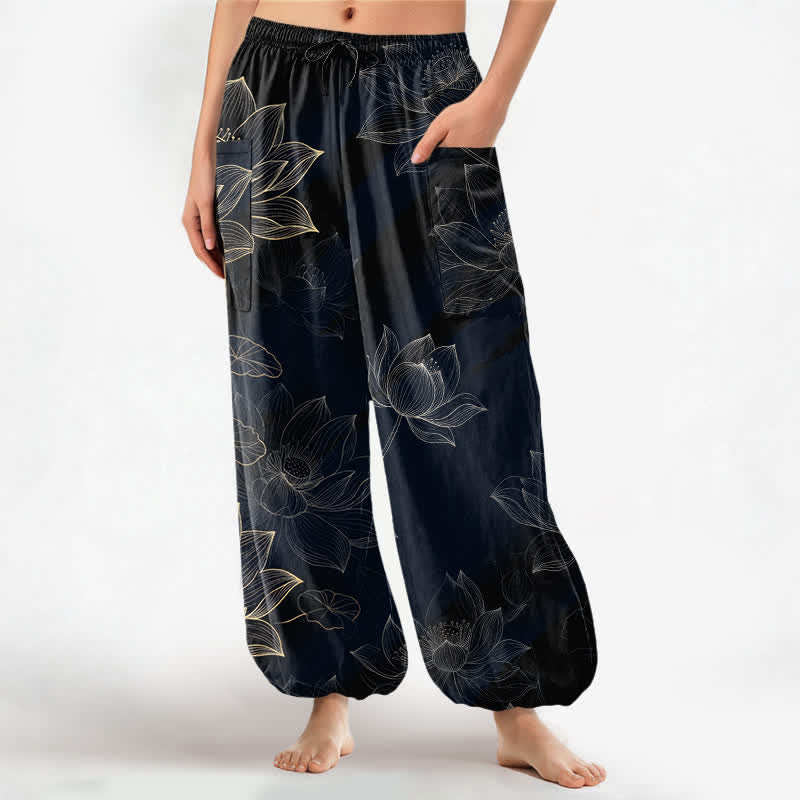 Buddha Stones Pantalon harem pour femme en coton à motif floral lotus, taille élastique et poches latérales - Noir - US16，UK/AU20，EU48 (3XL) - image 0