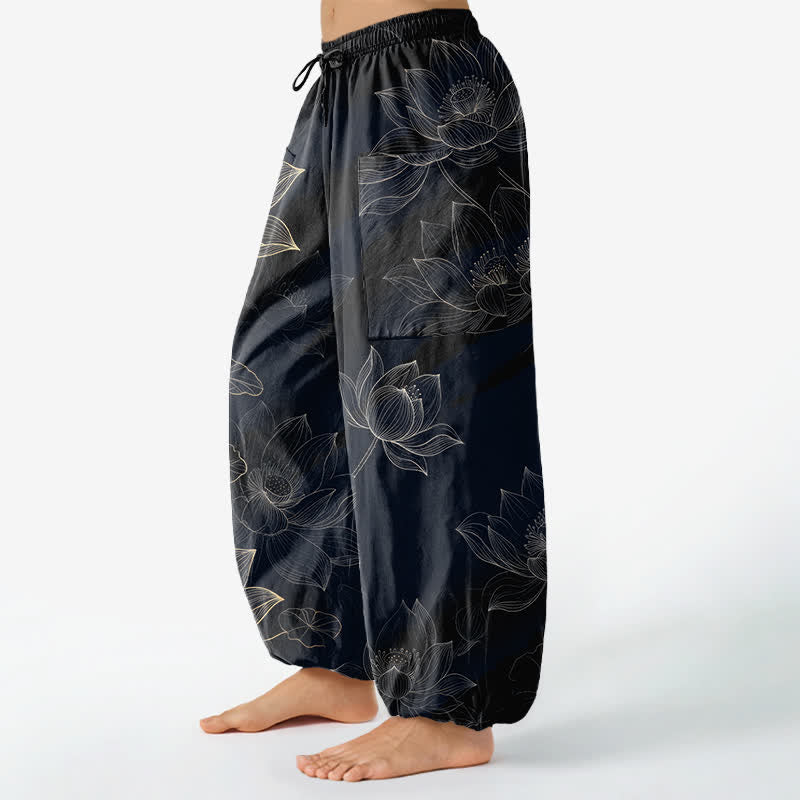 Buddha Stones Pantalon harem pour femme en coton à motif floral lotus, taille élastique et poches latérales - image 1