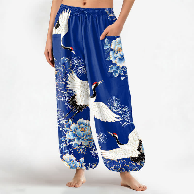 Buddha Stones Pantalon harem pour femme en coton à motif de grues orientales et de pivoines, taille élastique et poches latérales - Bleu royal - US16，UK/AU20，EU48 (3XL) - image 0