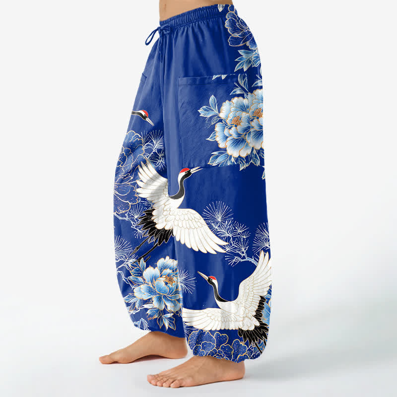 Buddha Stones Pantalon harem pour femme en coton à motif de grues orientales et de pivoines, taille élastique et poches latérales - image 1