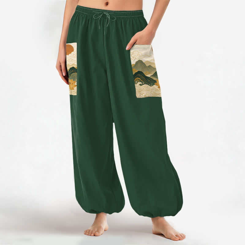 Buddha Stones Pantalon harem pour femme en coton à motif de lotus des montagnes orientales et taille élastique avec poches latérales - image 1