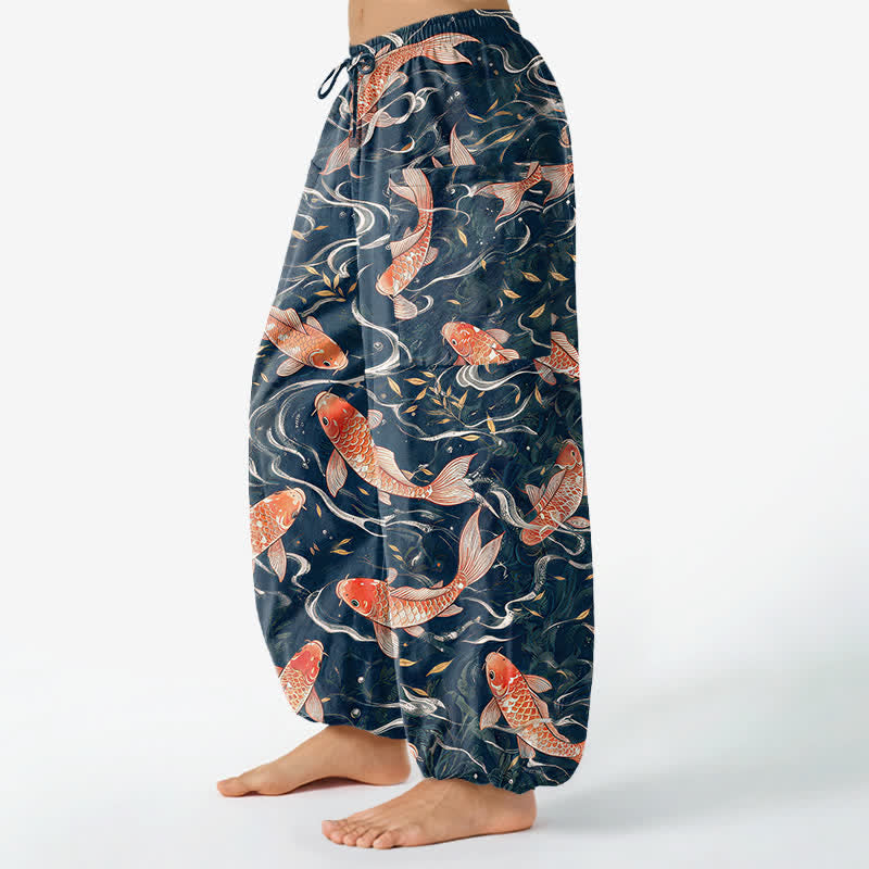 Buddha Stones Pantalon harem pour femme en coton à motif de vagues koi orientales et taille élastique avec poches latérales - image 1