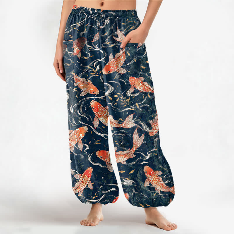 Buddha Stones Pantalon harem pour femme en coton à motif de vagues koi orientales et taille élastique avec poches latérales - Gris ardoise foncé - US16，UK/AU20，EU48 (3XL) - image 0