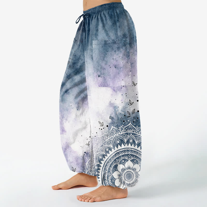 Buddha Stones Pantalon harem pour femme en coton aquarelle dégradé mandala lotus, taille élastique et poches latérales - image 1