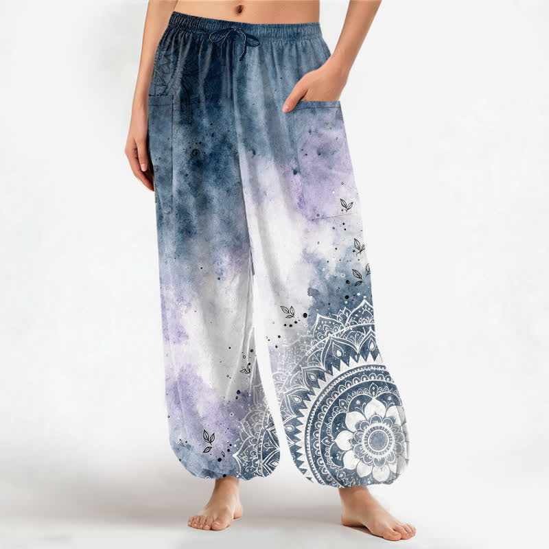 Buddha Stones Pantalon harem pour femme en coton aquarelle dégradé mandala lotus, taille élastique et poches latérales - SteelBlue - US16，UK/AU20，EU48 (3XL) - image 0