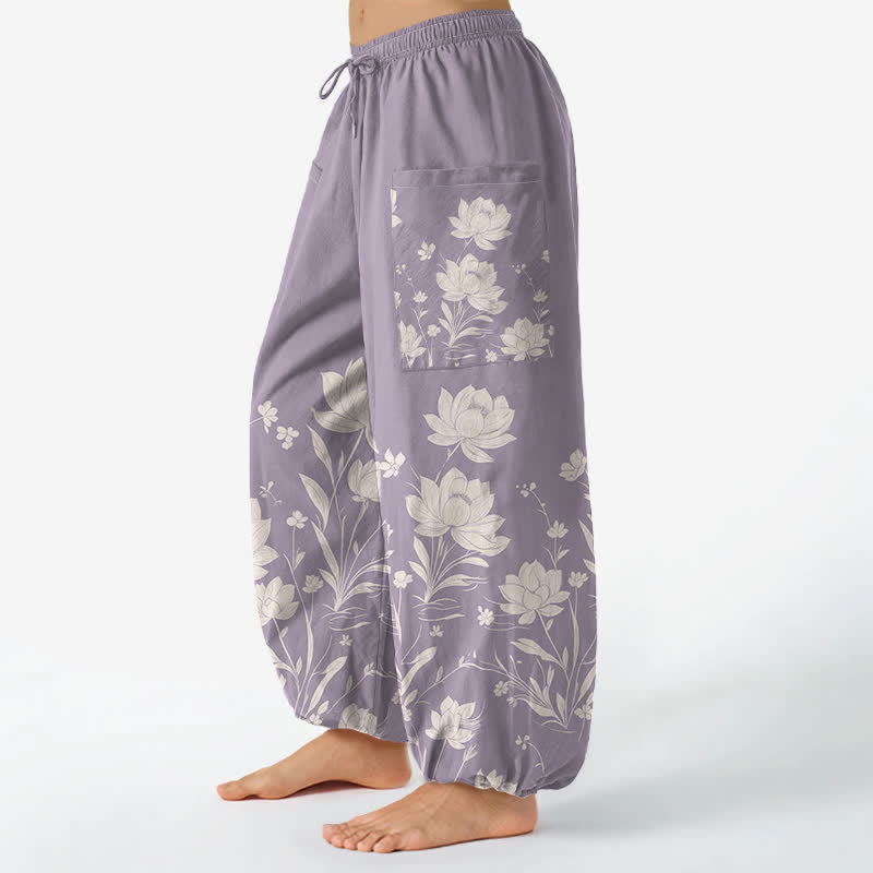 Buddha Stones Pantalon harem pour femme en coton à motif lotus vintage, taille élastique et poches latérales - image 1