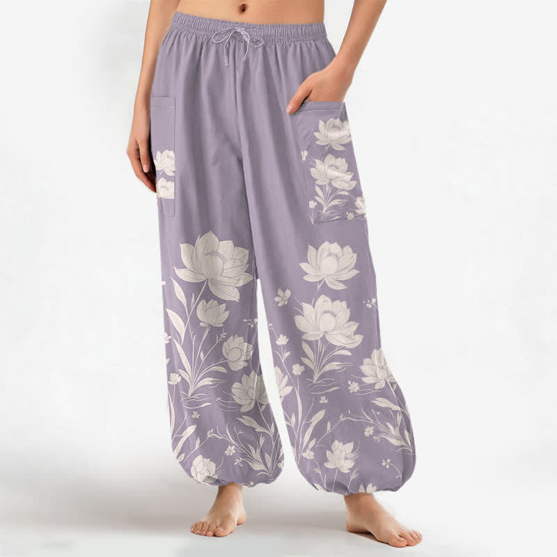 Buddha Stones Pantalon harem pour femme en coton à motif lotus vintage, taille élastique et poches latérales - Chardon - US16，UK/AU20，EU48 (3XL) - image 0