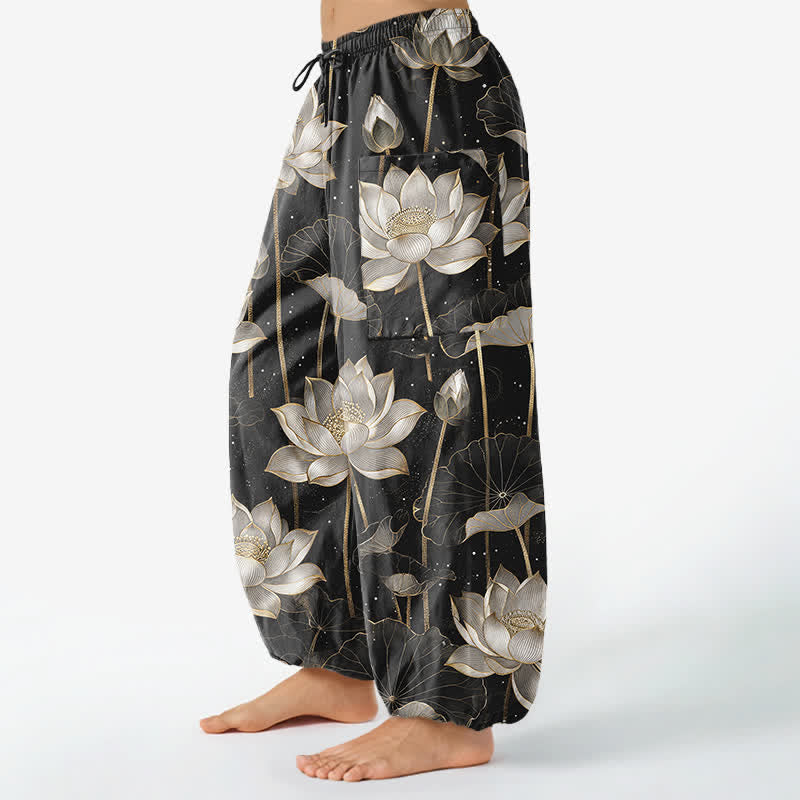 Buddha Stones Pantalon harem pour femme en coton à motif floral oriental lotus, taille élastique et poches latérales - image 1