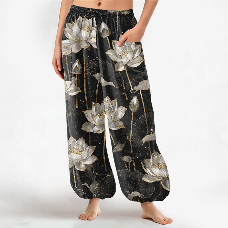 Buddha Stones Pantalon harem pour femme en coton à motif floral oriental lotus, taille élastique et poches latérales - Noir - US16，UK/AU20，EU48 (3XL) - image 0