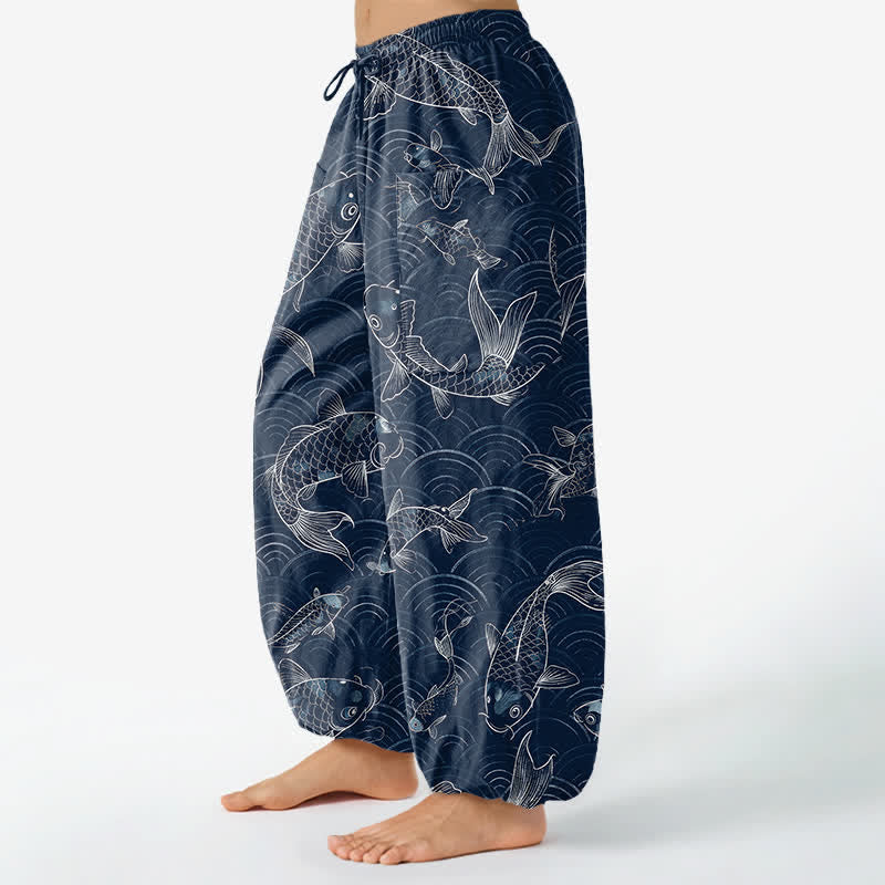 Buddha Stones Pantalon harem pour femme en coton à motif Zen Koi Ripple, taille élastique et poches latérales - image 1