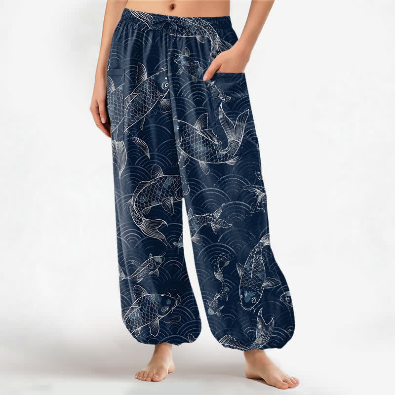 Buddha Stones Pantalon harem pour femme en coton à motif Zen Koi Ripple, taille élastique et poches latérales - Marine - US16，UK/AU20，EU48 (3XL) - image 0