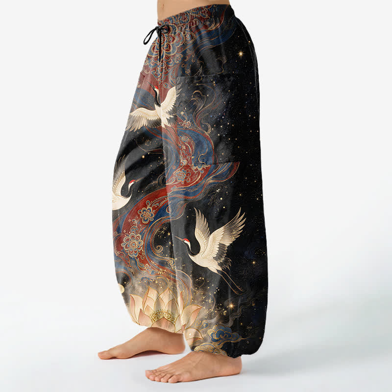 Buddha Stones Pantalon harem pour femme en coton à motif de grues et de lotus ornementaux, taille élastique et poches latérales - image 1