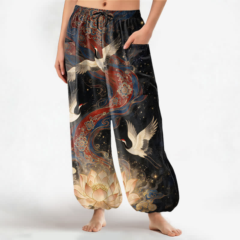 Buddha Stones Pantalon harem pour femme en coton à motif de grues et de lotus ornementaux, taille élastique et poches latérales - Noir - US16，UK/AU20，EU48 (3XL) - image 0