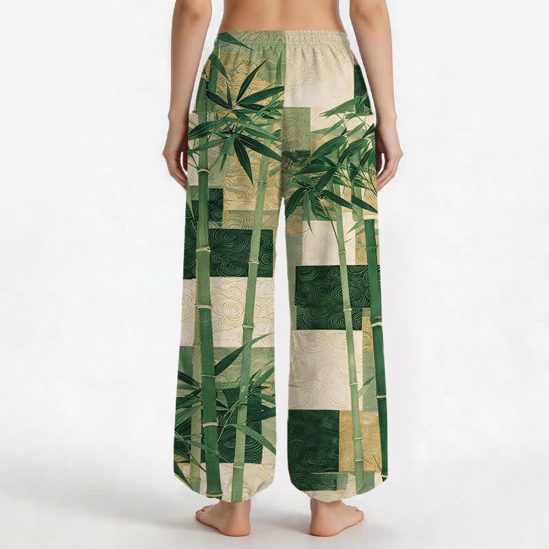 Buddha Stones Pantalon harem pour femme, en coton, à motif patchwork de bambou, taille élastique et poches latérales - image 2