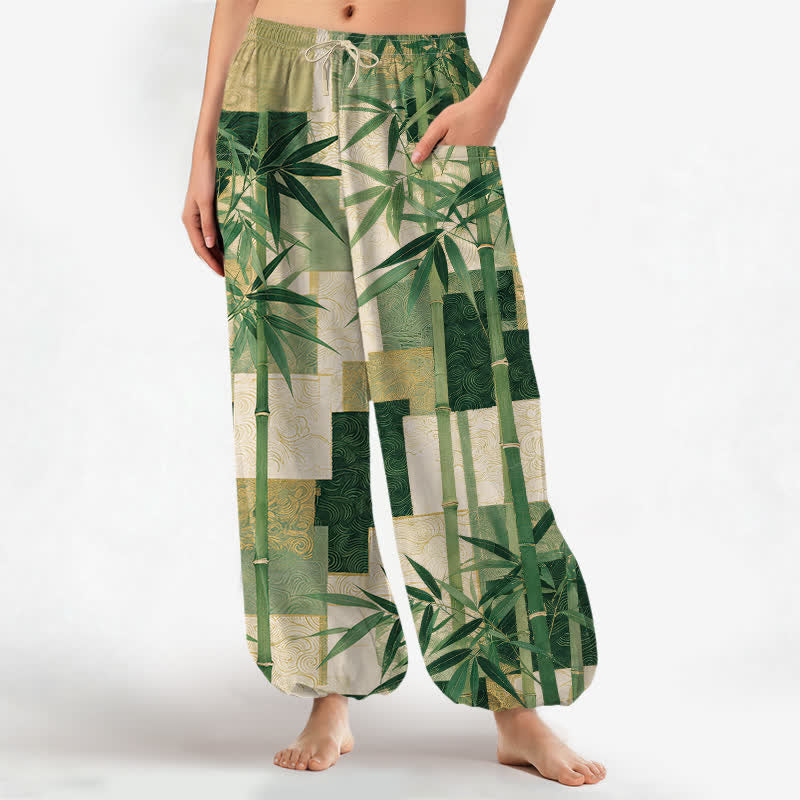 Buddha Stones Pantalon harem pour femme, en coton, à motif patchwork de bambou, taille élastique et poches latérales - Vert forêt - US16，UK/AU20，EU48 (3XL) - image 0