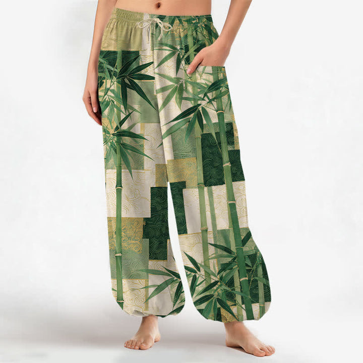 Buddha Stones Pantalon harem pour femme, en coton, à motif patchwork de bambou, taille élastique et poches latérales - Vert forêt - US16，UK/AU20，EU48 (3XL) - image 0
