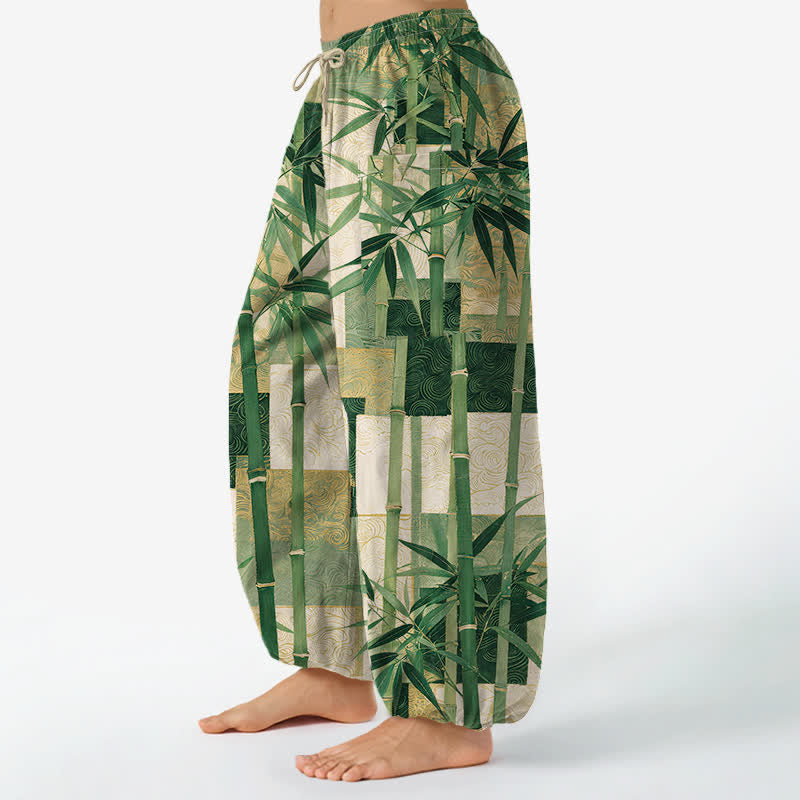 Buddha Stones Pantalon harem pour femme, en coton, à motif patchwork de bambou, taille élastique et poches latérales - image 1