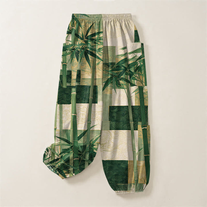 Buddha Stones Pantalon harem pour femme, en coton, à motif patchwork de bambou, taille élastique et poches latérales - image 4