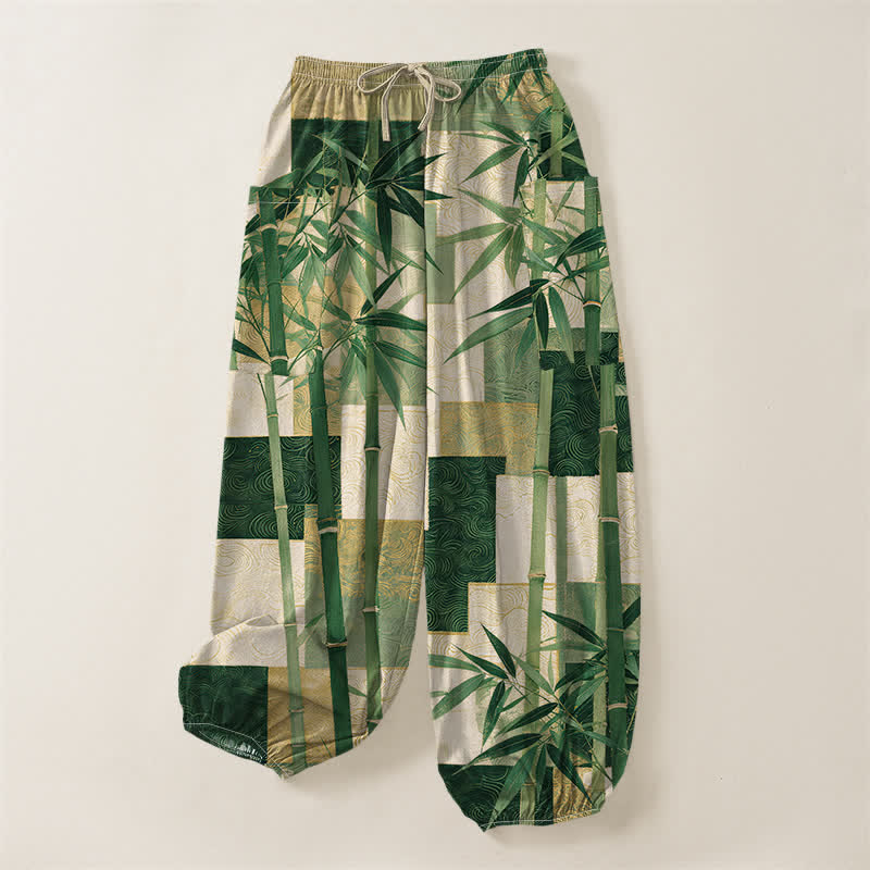 Buddha Stones Pantalon harem pour femme, en coton, à motif patchwork de bambou, taille élastique et poches latérales - image 3
