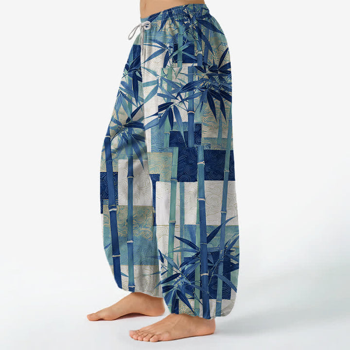 Buddha Stones Pantalon harem pour femme, en coton, à motif patchwork de bambou, taille élastique et poches latérales - image 8