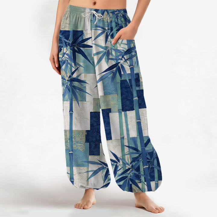 Buddha Stones Pantalon harem pour femme, en coton, à motif patchwork de bambou, taille élastique et poches latérales - Bleu moyen - US16，UK/AU20，EU48 (3XL) - image 7