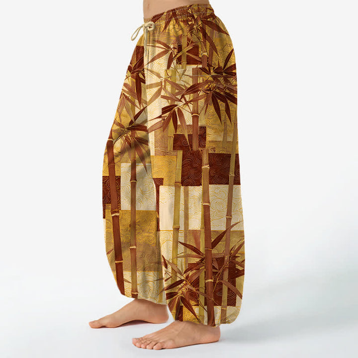Buddha Stones Pantalon harem pour femme, en coton, à motif patchwork de bambou, taille élastique et poches latérales - image 11