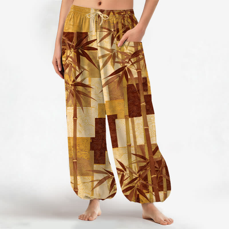 Buddha Stones Pantalon harem pour femme, en coton, à motif patchwork de bambou, taille élastique et poches latérales - verge d'or - US16，UK/AU20，EU48 (3XL) - image 10