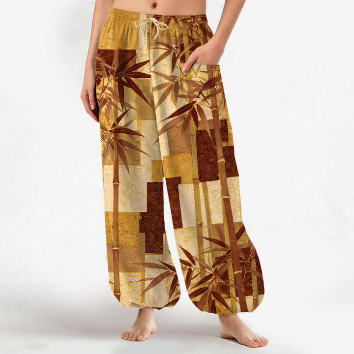 Buddha Stones Pantalon harem pour femme, en coton, à motif patchwork de bambou, taille élastique et poches latérales - verge d'or - US16，UK/AU20，EU48 (3XL) - image 10