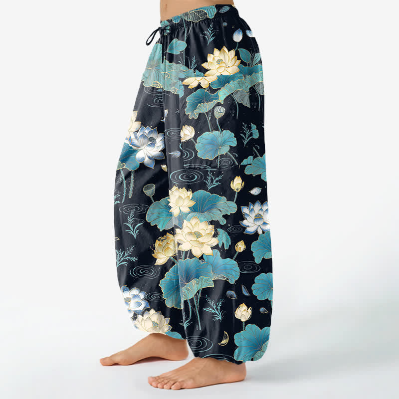 Buddha Stones Pantalon harem pour femme en coton à motif de feuilles de lotus et taille élastique avec poches latérales - image 1