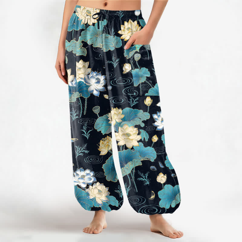 Buddha Stones Pantalon harem pour femme en coton à motif de feuilles de lotus et taille élastique avec poches latérales - Noir - US16，UK/AU20，EU48 (3XL) - image 0