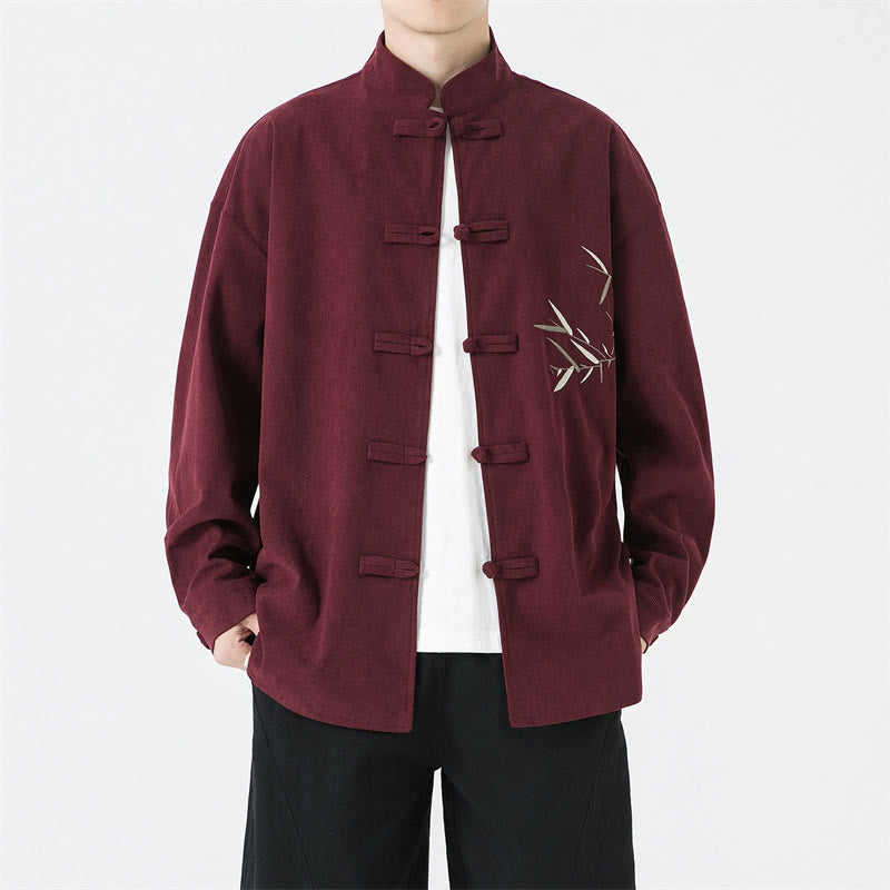 Buddha Stones Veste homme automne-hiver style Tang vintage à boutons grenouille et broderie bambou en velours côtelé - Bordeaux - US/UK/AU46，EU56 (5XL) - image 0
