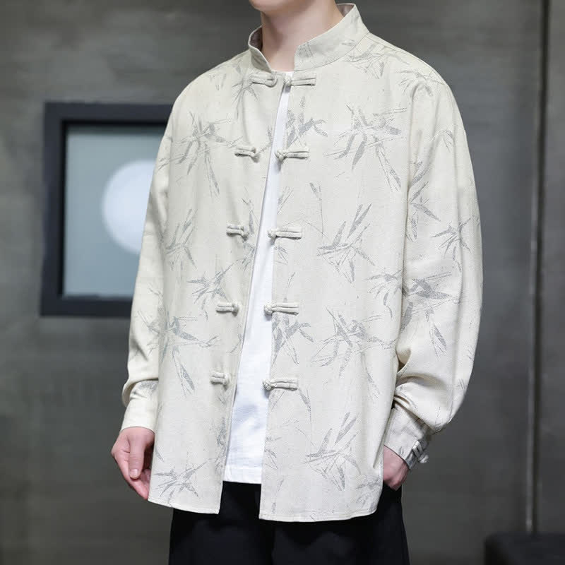 Buddha Stones Chemises à manches longues pour hommes, style Tang, à boutons grenouille et imprimé bambou, style décontracté printanier - image 1