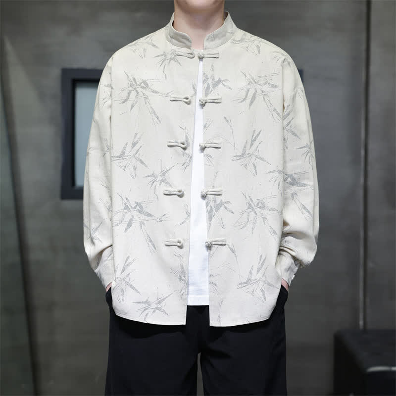 Buddha Stones Chemises à manches longues pour hommes, style Tang, à boutons grenouille et imprimé bambou, style décontracté printanier - Lin - US/UK/AU46，EU56 (5XL) - image 0