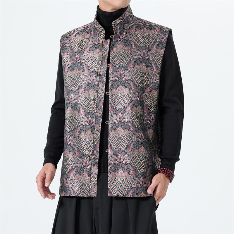 Buddha Stones Débardeur homme élégant à col mandarin et motif floral et vagues, style automne - Chardon - US/UK/AU46，EU56 (5XL) - image 0