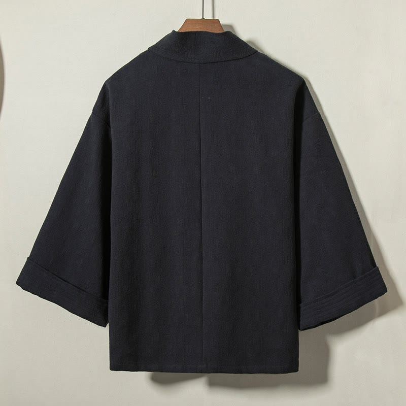 Buddha Stones Kimono homme minimaliste automne-hiver en coton uni, col en V, à lacets et cordon de serrage. - image 1