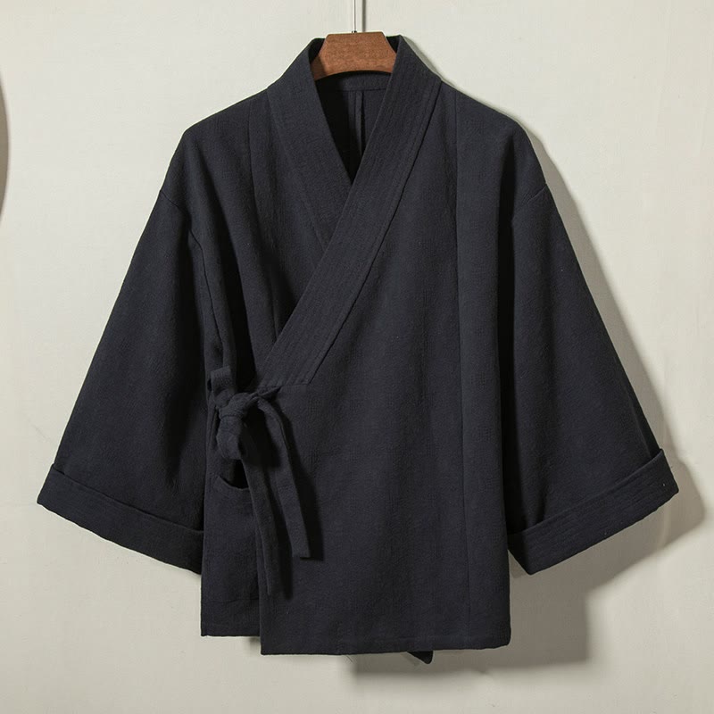 Buddha Stones Kimono homme minimaliste automne-hiver en coton uni, col en V, à lacets et cordon de serrage. - Bleu nuit - US/UK/AU44，EU54 (4XL) - image 0