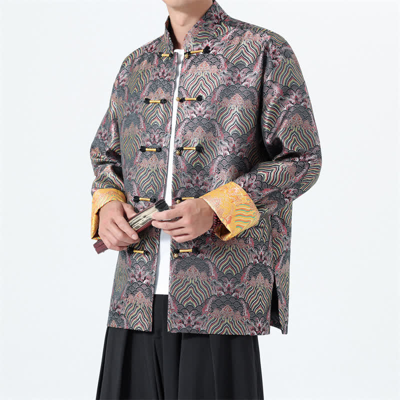 Buddha Stones Veste homme en spandex avec poches, style vintage automne-hiver, à boutons grenouille et motif abstrait océan. - Chardon - US/UK/AU46，EU56 (5XL) - image 0